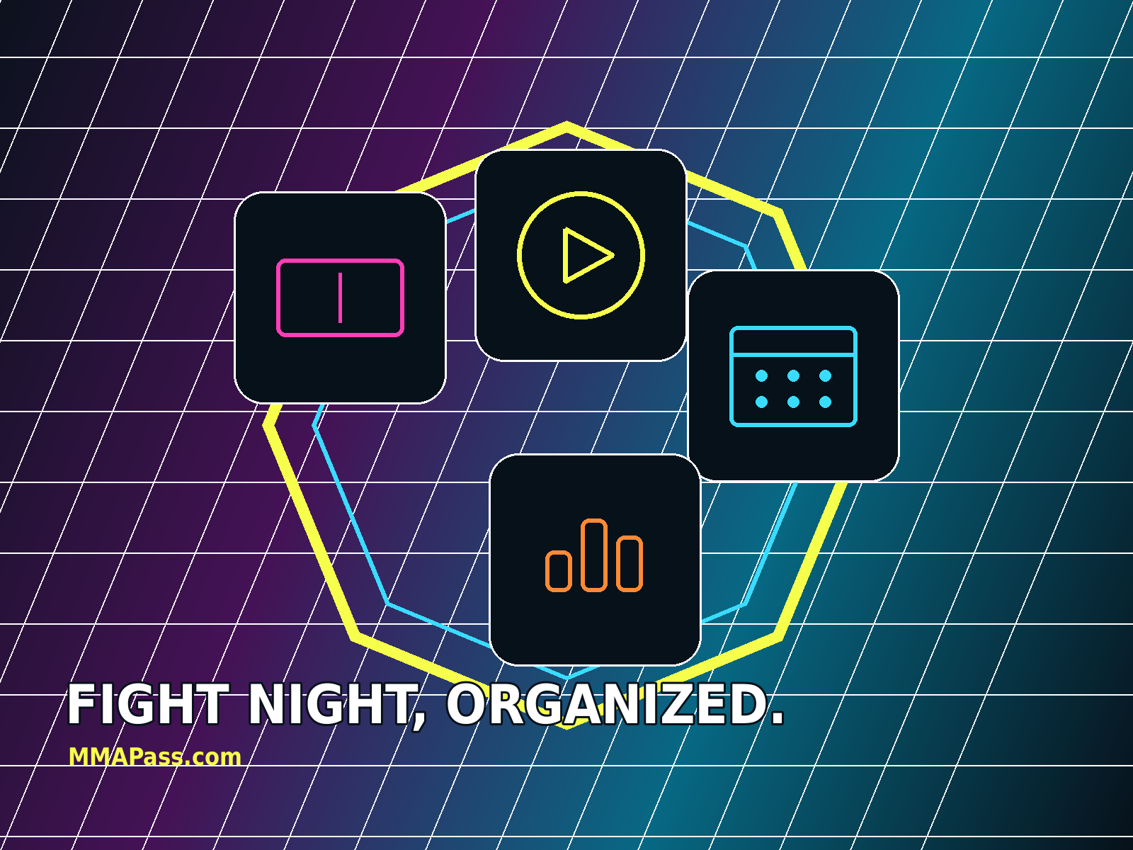 Neon MMA fight-night planning board with a ticket, play symbol, calendar, and ranking ladder